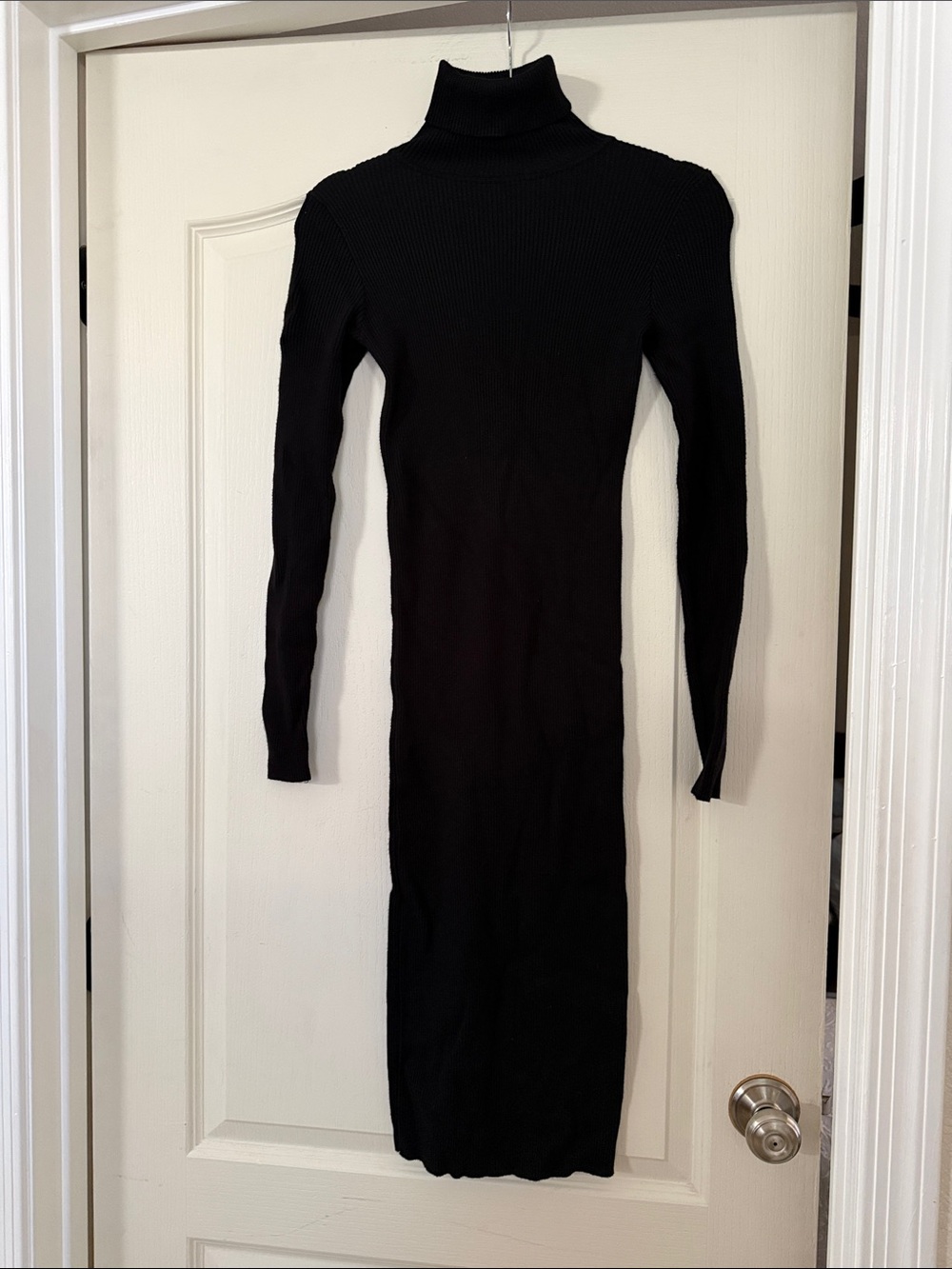 Slim Black Ribbed Turtleneck Midi Dress - Long Sleeve
